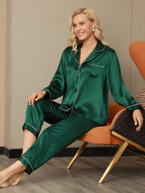 [Groen] SilkSilky-NL Lange Mouw Notchkraag Dames Pyjama Set 005