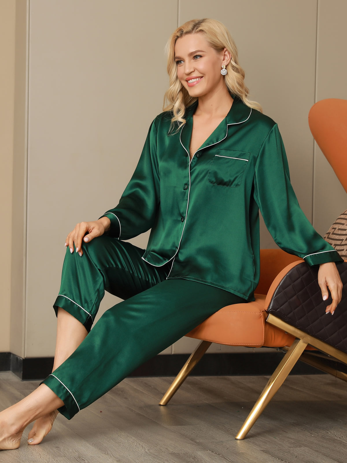 [Groen] SilkSilky-NL Pure Silk Lange Mouw Revers Dames Pyjama Set 005