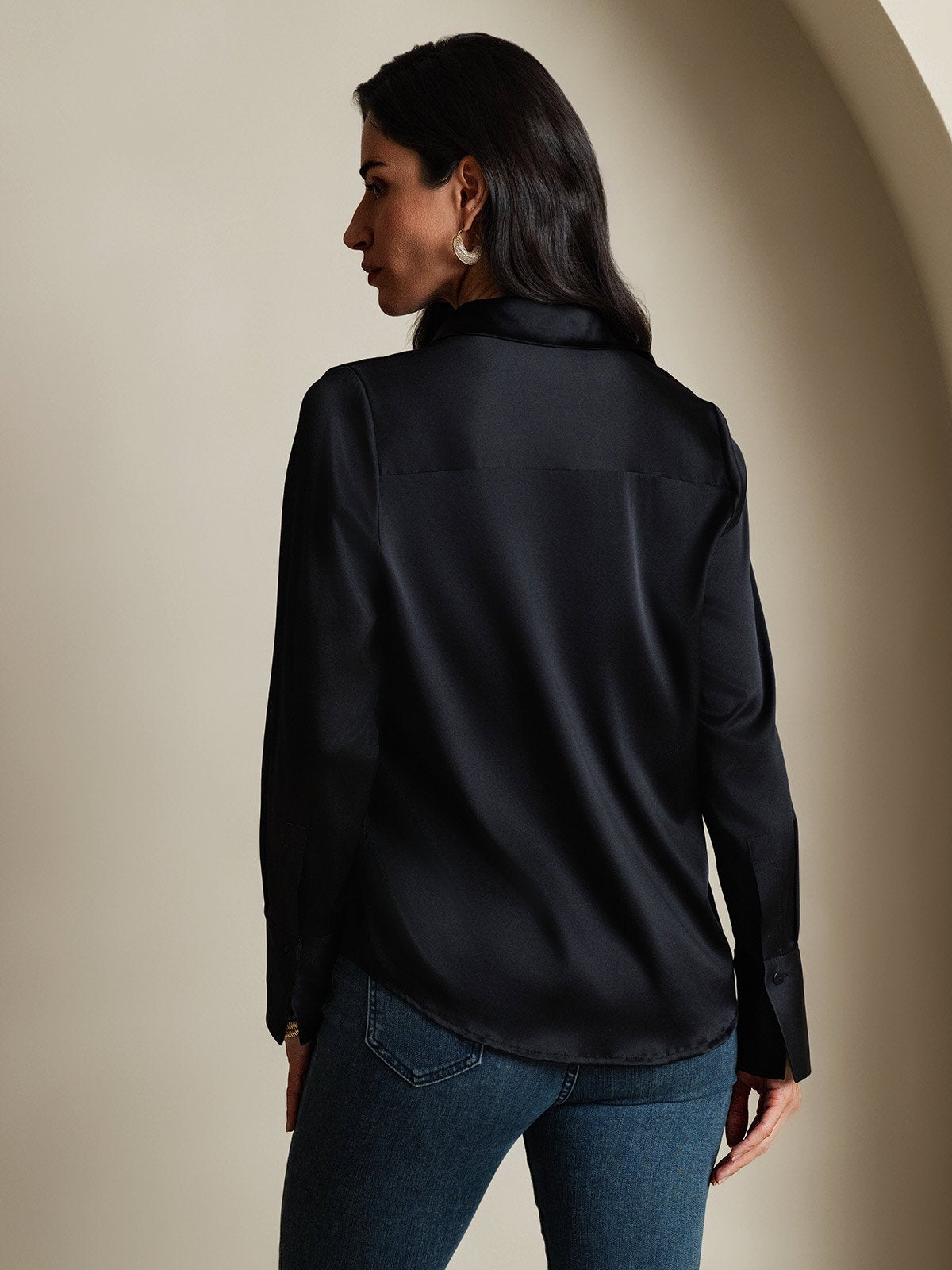 SilkSilky-NL 19Momme Zijde Lange Mouw Kraag Dames Blouse Zwart 002