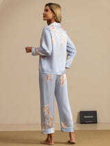[Lichtblauw] SilkSilky-NL Long Sleeve Lapel Collar Dames Pyjama Set 002