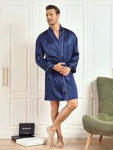 [Donkerblauw] SilkSilky-NL Pure Silk 3/4 Mouw Mens Robe 005