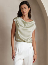 [Lichtgroene] SilkSilky-NL Cap Sleeve Cowl Neck Dames T-Shirt 001