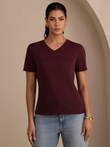 [Wijn] SilkSilky-NL Short Sleeve V Neck Dames T-Shirt 003