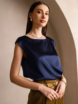 [Donkerblauw] SilkSilky-NL Cap Sleeve Round Neck Dames T-Shirt 003