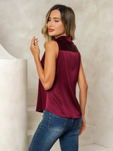 [Donkerrood] SilkSilky-NL Sleeveless Lapel Collar Dames Blouse 003
