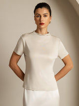 [Grijs] SilkSilky-NL 100% Silk Jersey Short Sleeve Mock Neck Dames T-Shirt 001