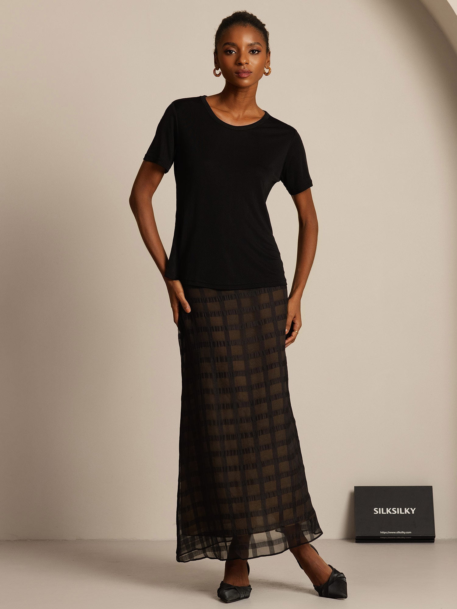 [Zwart] SilkSilky-NL Zijde Gebreid Ronde Hals Dames T-Shirt 006