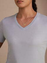 [Grijsachtig Blauw] SilkSilky-NL Short Sleeve V Neck Dames T-Shirt 004