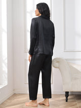 [Zwart] SilkSilky-NL Long Sleeve Lapel Collar Dames Pyjama Set 002