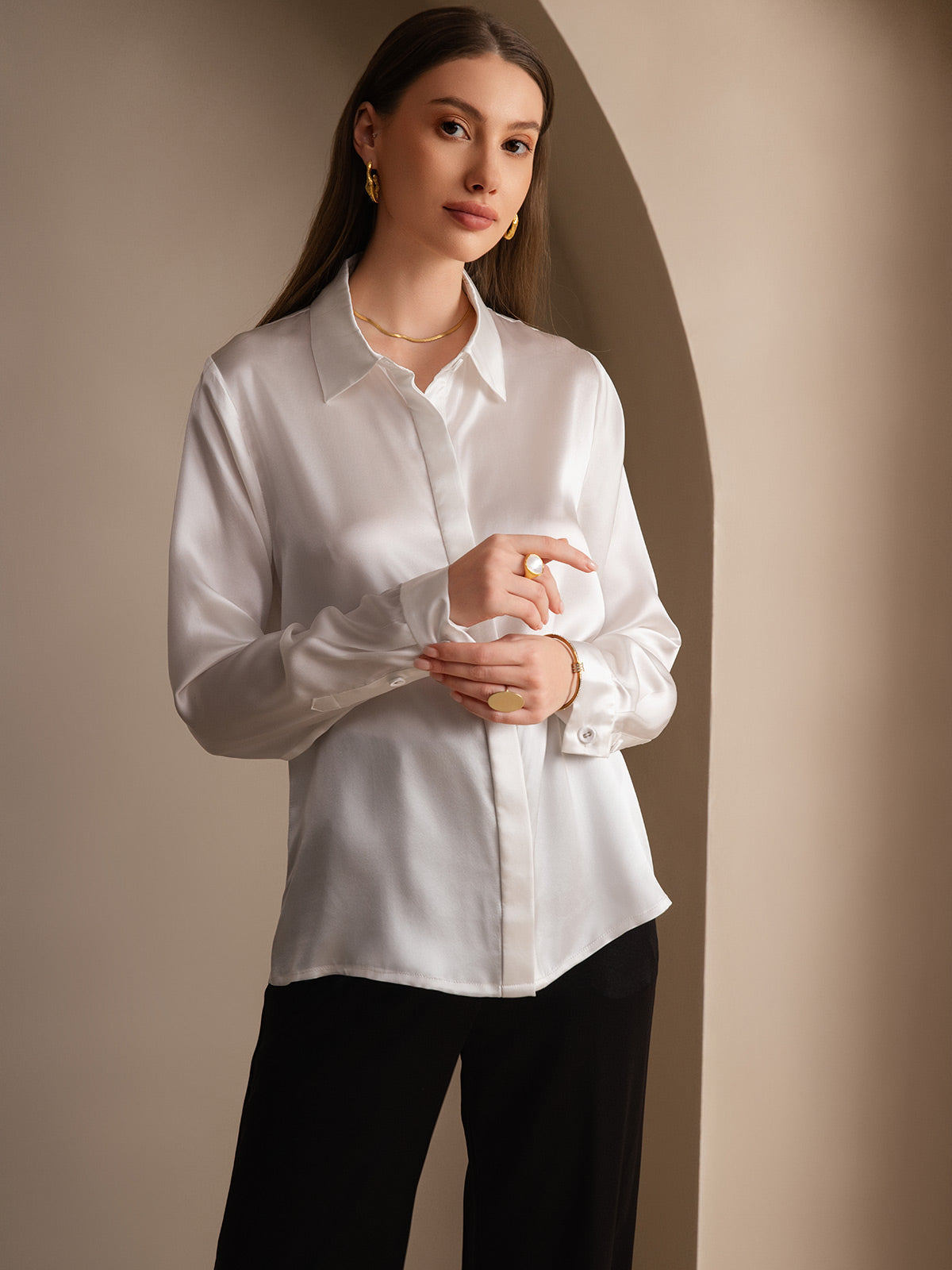 [Wit] SilkSilky-NL 19Momme Zijde Lapel Collar Dames Blouse 005