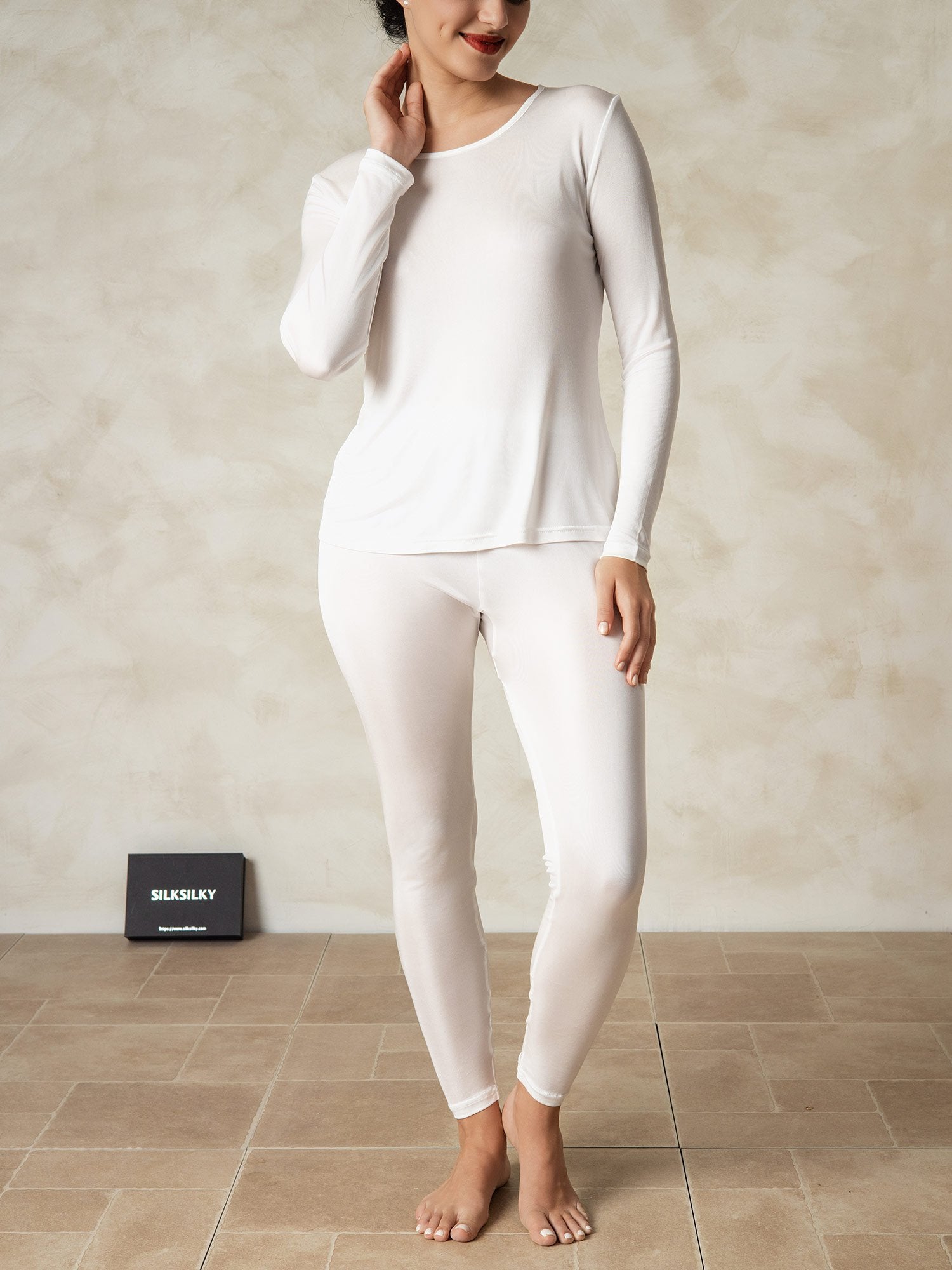 [Wit] SilkSilky-NL Zijde Ronde Hals Dames Pyjama Set 003