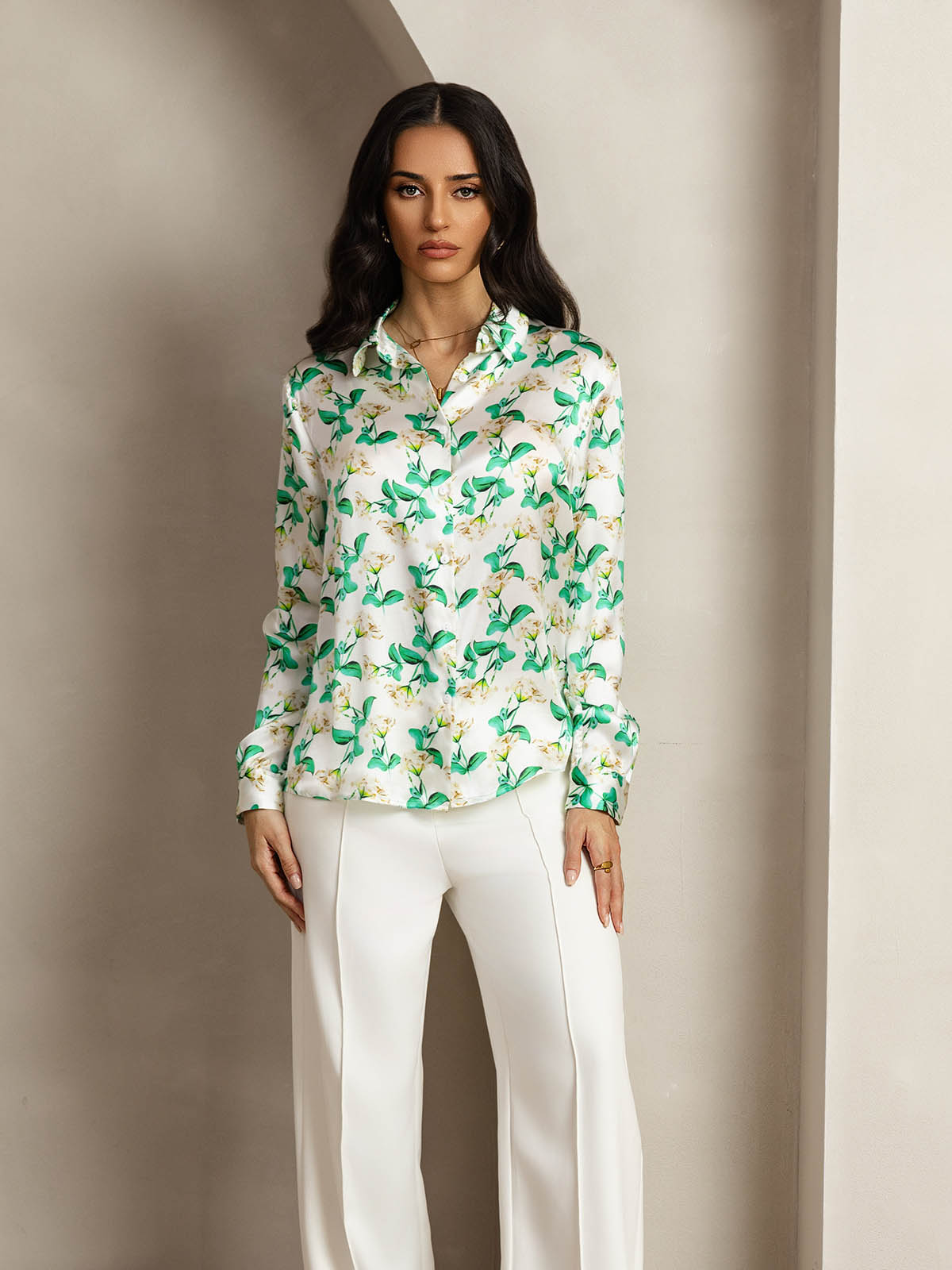 [Groene Bloemen] SilkSilky-NL Zijde Kraag Dames Blouse 003