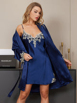 [Donkerblauw] SilkSilky-NL 3/4 Sleeve V Neck Nachthemd&Kamerjas Set 004