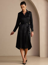 [Zwart] SilkSilky-NL Long Sleeve Lapel Collar Jurk 005