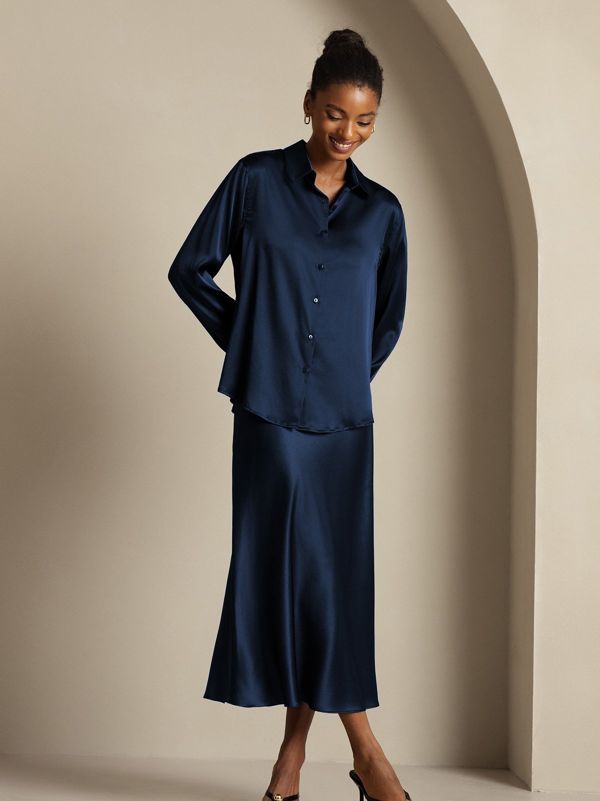 [Donkerblauw] SilkSilky-NL 19Momme Zijde Kraag Women''s Outfit Sets 004,