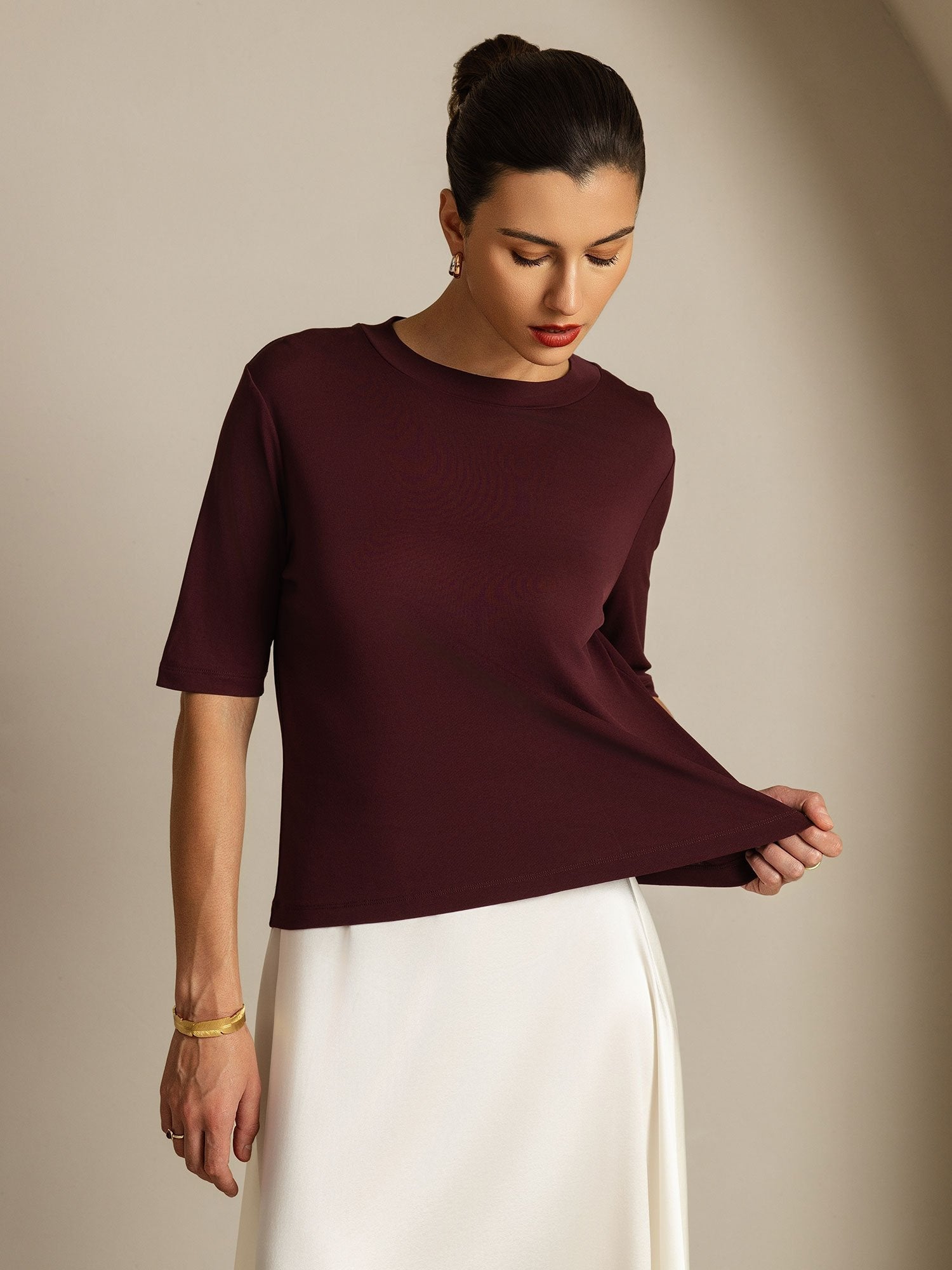 [Windsorwijn] SilkSilky-NL Zijde Ronde Hals Dames T-Shirt 005