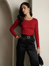 [Wijn] SilkSilky-NL Lange Mouw Ronde Hals Dames T-Shirt 001