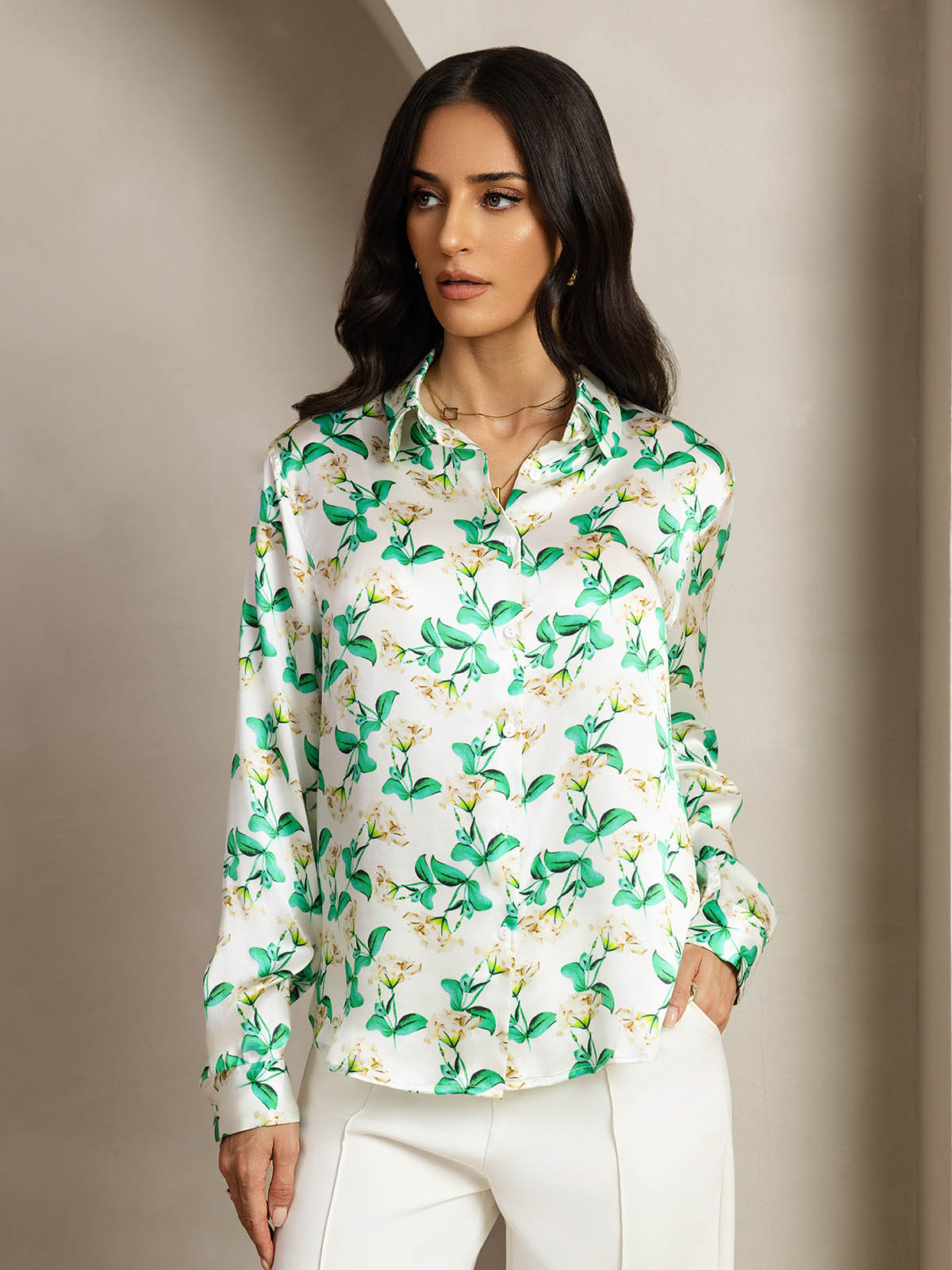 [Groene Bloemen] SilkSilky-NL Zijde Kraag Dames Blouse 005