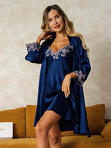 [Donkerblauw] SilkSilky-NL 3/4 Mouw V Hals Nachthemd&Kamerjas Set 001