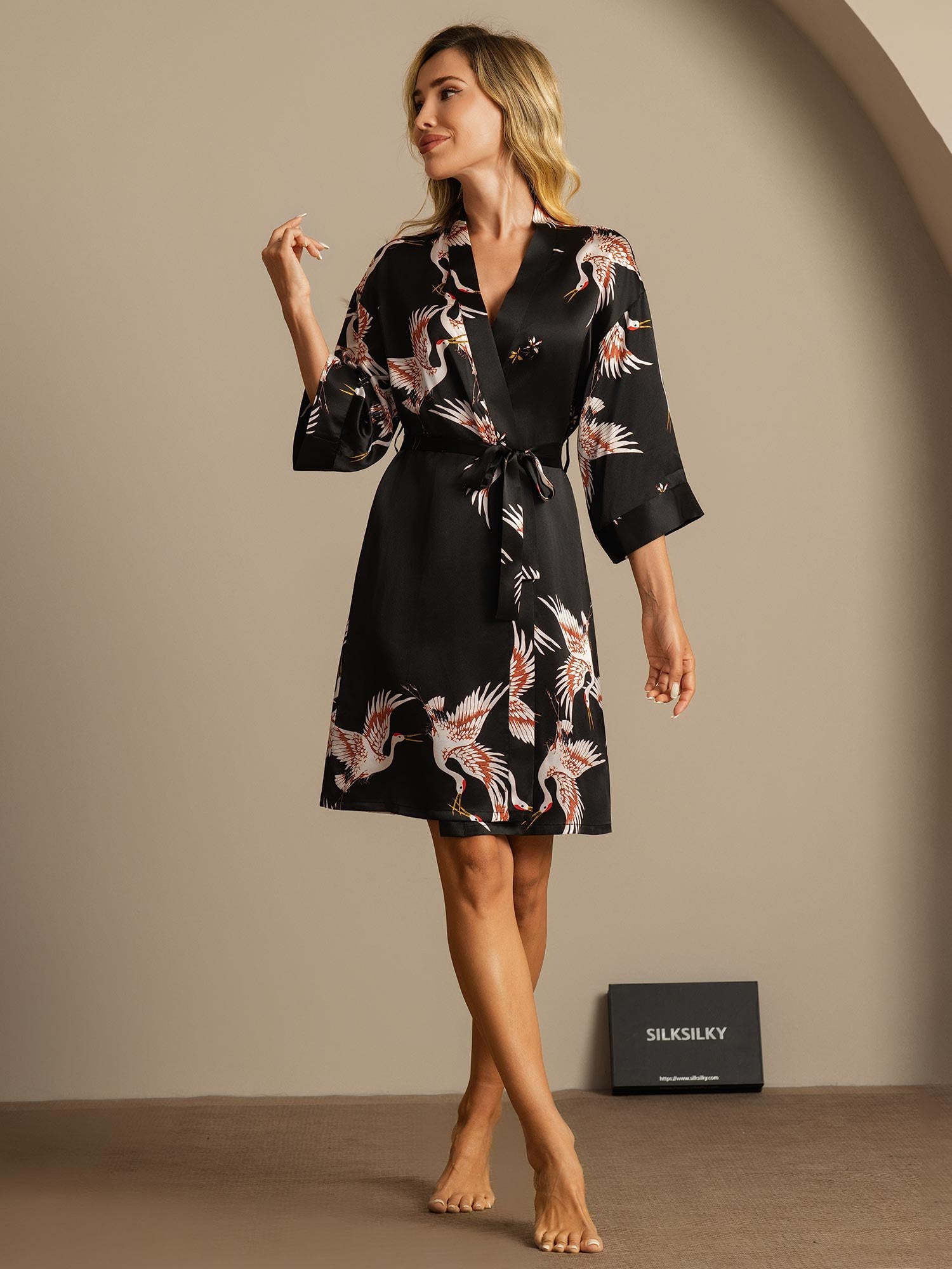[Zwart] SilkSilky-NL 19Momme 3/4 Mouw Dames Kamerjas 005