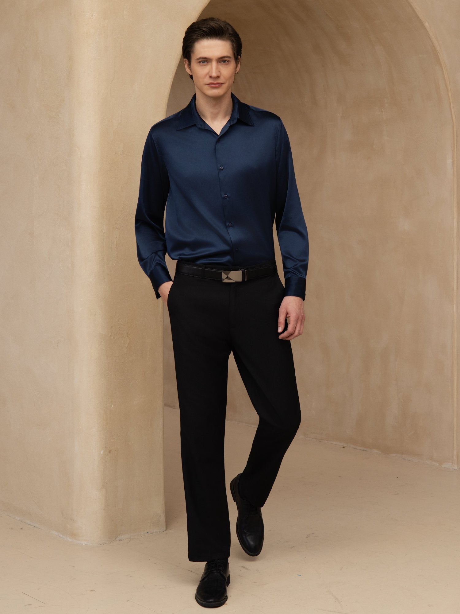 [Donkerblauw] SilkSilky-NL 19Momme Lange Mouw Reverskraag Heren Shirt 007