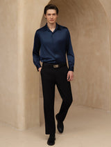 [Donkerblauw] SilkSilky-NL 19Momme Lange Mouw Reverskraag Heren Shirt 007