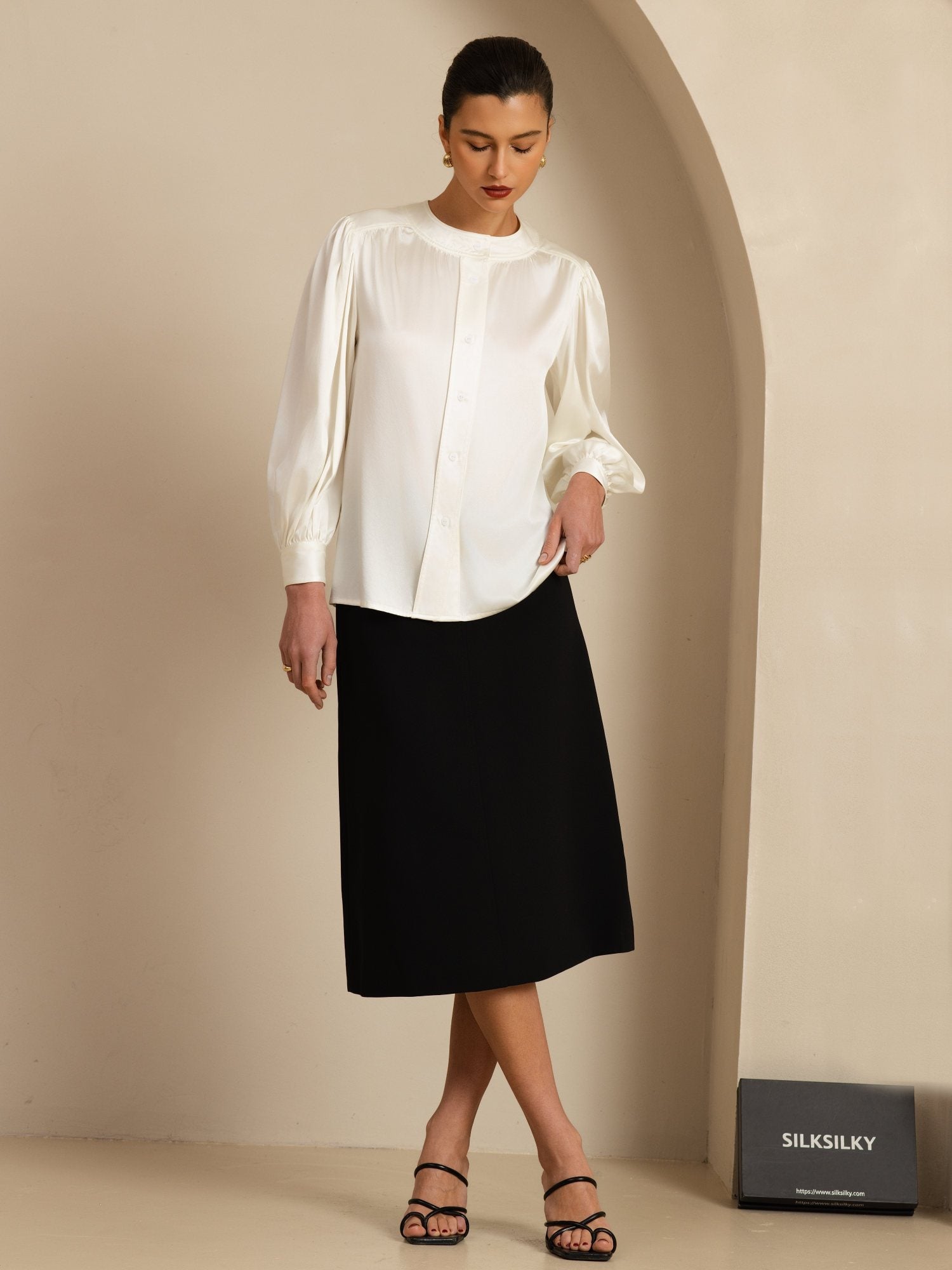 [Wit] SilkSilky-NL 19Momme Long Sleeve Round Neck Blouse 008