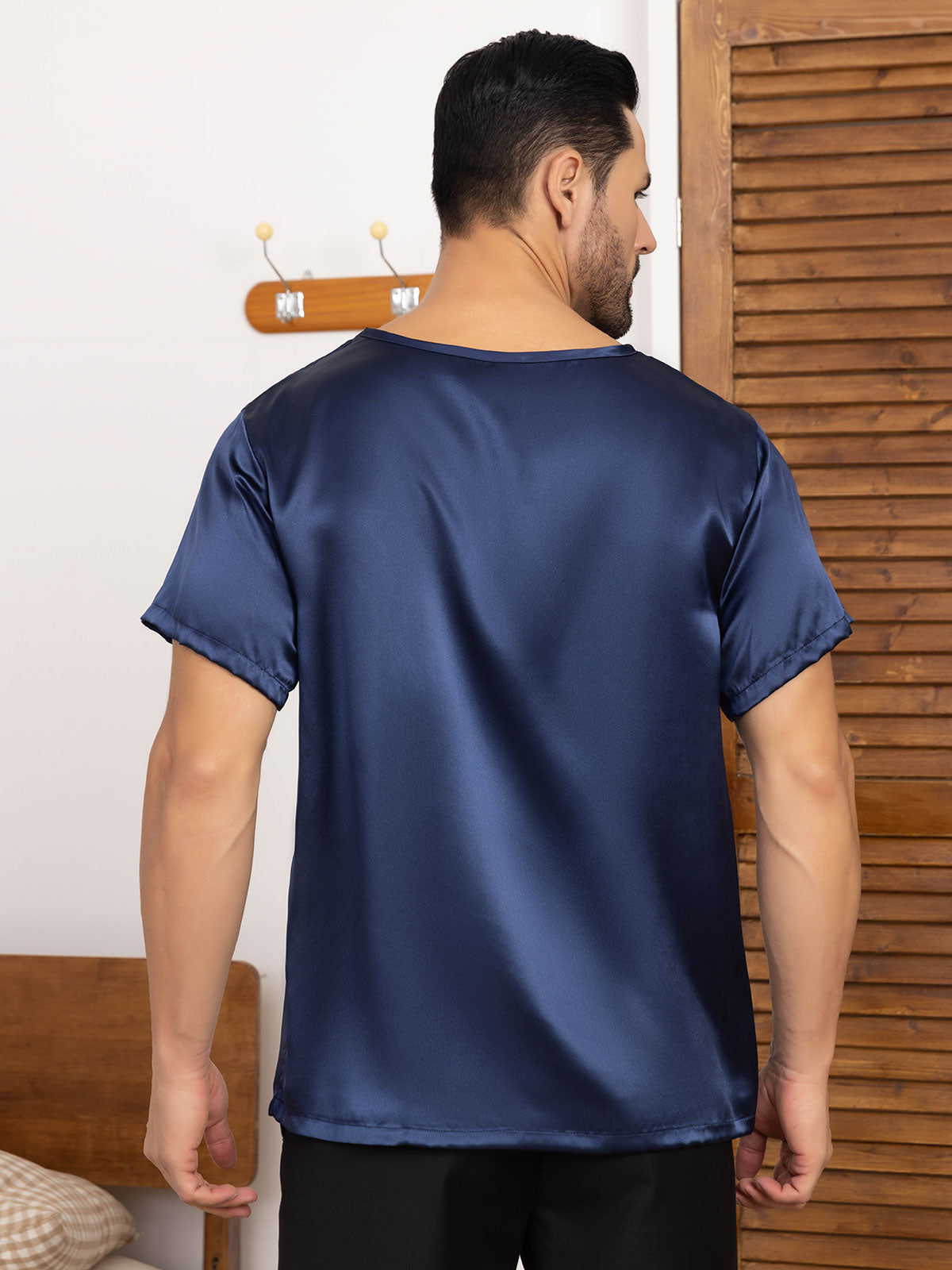 SilkSilky NL Pure Silk Korte Mouw Ronde Hals Heren T Shirt Donkerblauw 002