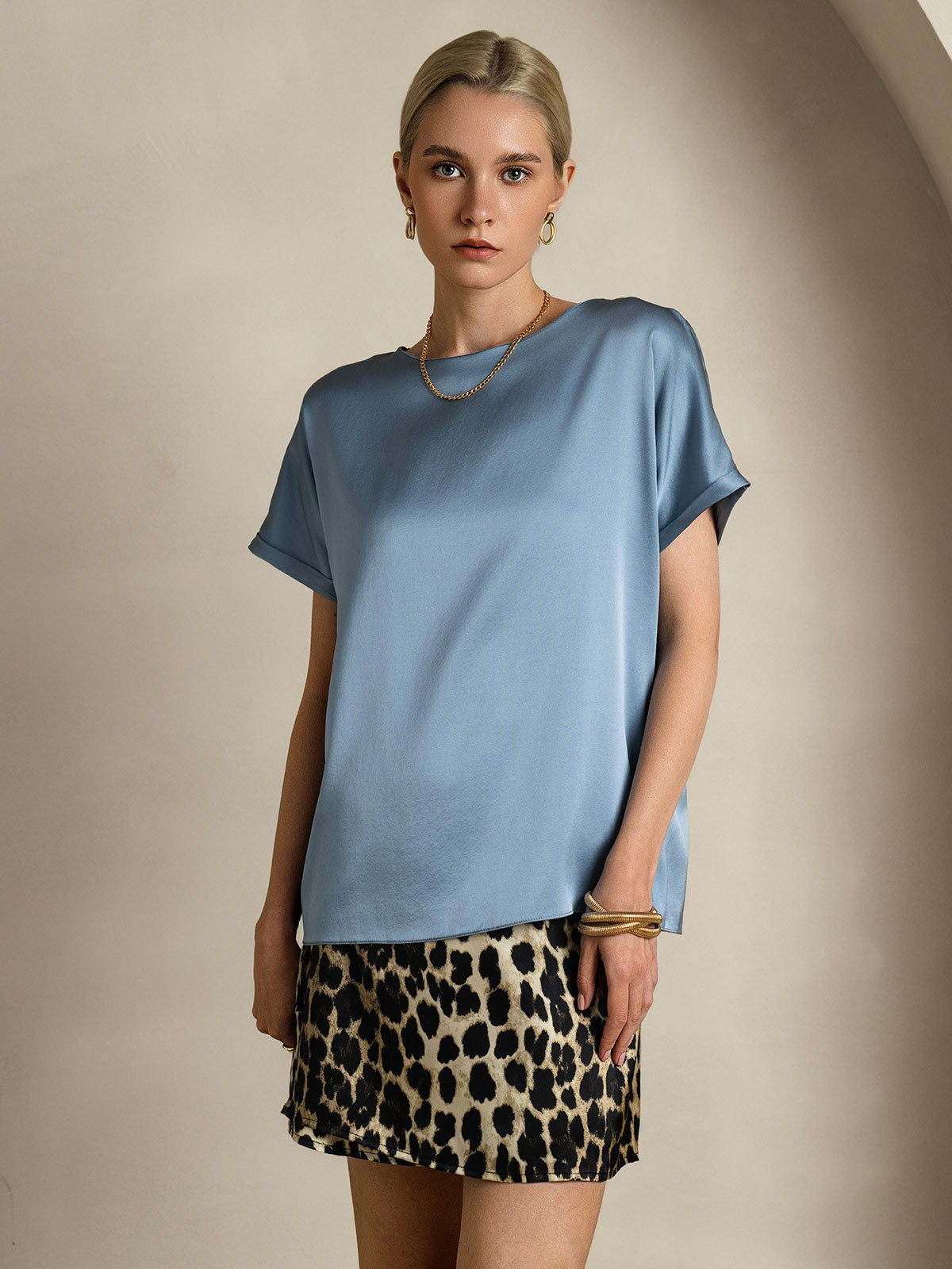 [Grijsachtig Blauw] SilkSilky-NL 19Momme Zijde Ronde Hals Dames T-Shirt 003