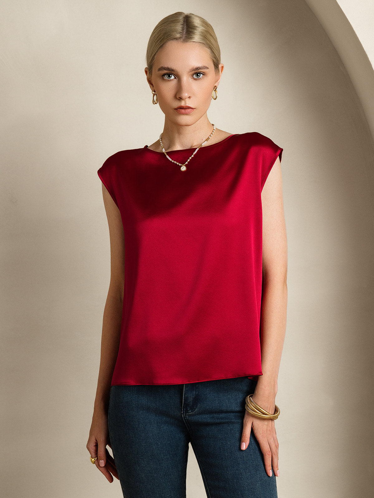[Wijn] SilkSilky-NL 19Momme Zijde Ronde Hals Dames T-Shirt 004