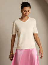 [Beige] SilkSilky-NL Korte Mouw V Hals Dames T-Shirt 005