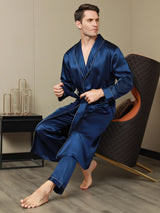 [Donkerblauw] SilkSilky-NL Pure Silk Lange Mouw Revers Heren Kamerjas 007