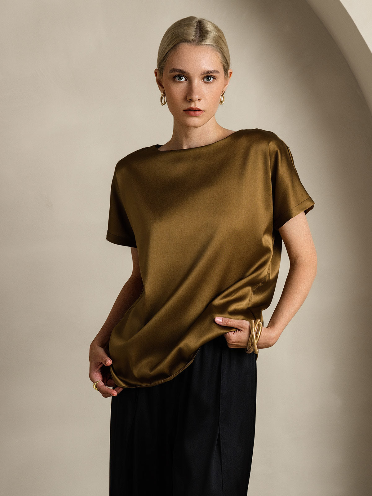 [Bruin] SilkSilky-NL 19Momme Zijde Ronde Hals Dames T-Shirt 003