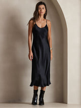 [Zwart] SilkSilky-NL Spaghetti Strap V Neck Jurk 001