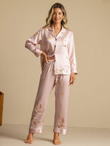[Roze] SilkSilky-NL Long Sleeve Lapel Collar Dames Pyjama Set 007