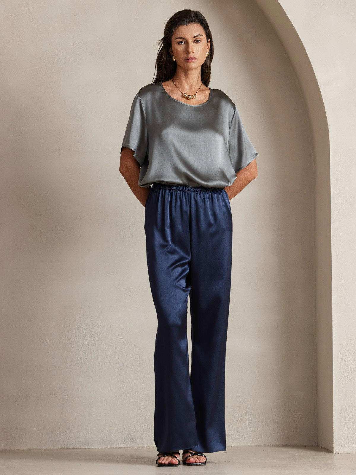 SilkSilky-NL Korte Mouw Ronde Hals Dames T-Shirt Donkergrijs 004
