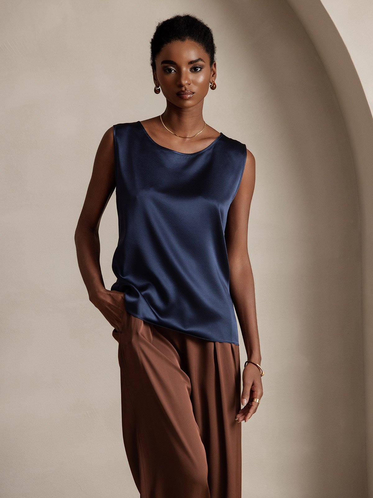 [Donkerblauw] SilkSilky-NL 19Momme Zijde Ronde Hals Cami-Top 001