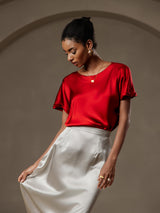 [Wijn] SilkSilky-NL 19Momme Korte Mouw Boat Hals Dames T-Shirt 005