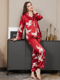 SilkSilky NL 19Momme Pure Silk Lange Mouw Revers Dames Pyjama Set Donkerrood 002