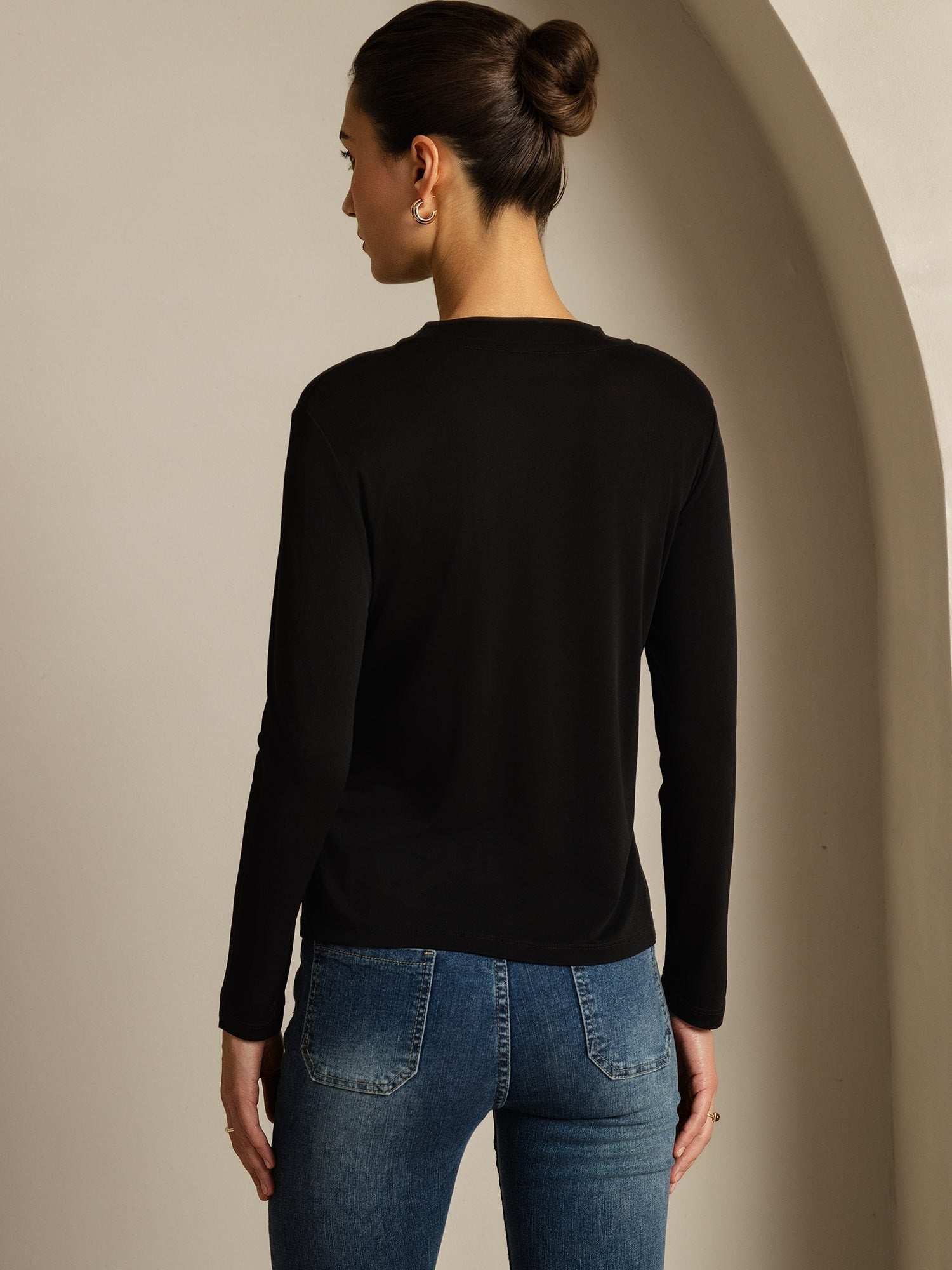 [Zwart] SilkSilky-NL Lange Mouw Crew Hals Dames T-Shirt 002