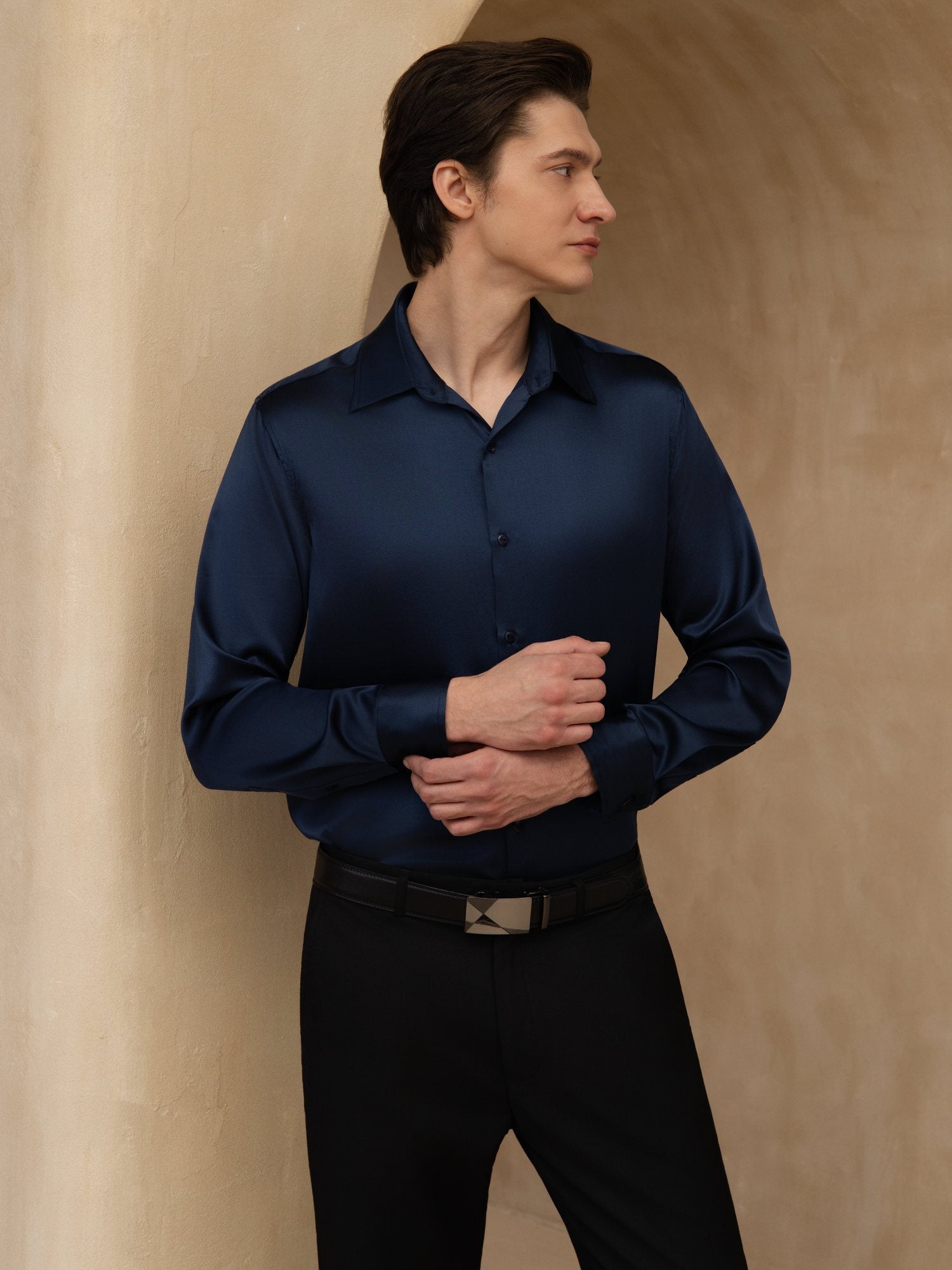 [Donkerblauw] SilkSilky-NL 19Momme Lange Mouw Reverskraag Heren Shirt 004