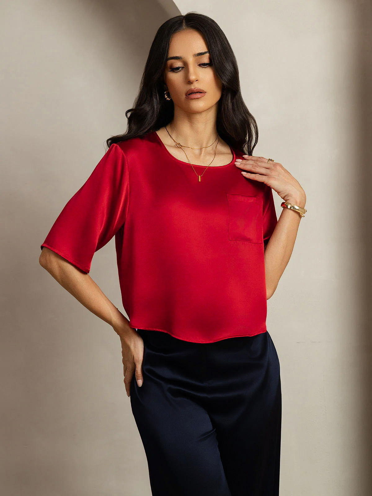 [Donkerrood] SilkSilky-NL Boat Hals Dames T-Shirt 005