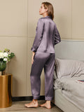 SilkSilky NL Pure Silk Lange Mouw Revers Dames Pyjama Set PaarsGrijs 002