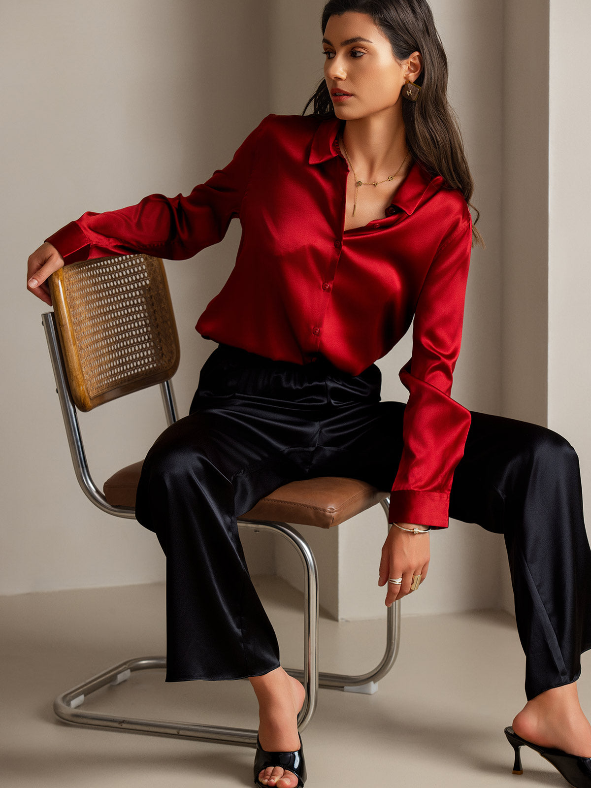 [Rode] SilkSilky-NL Zijde Kraag Dames Blouse 001