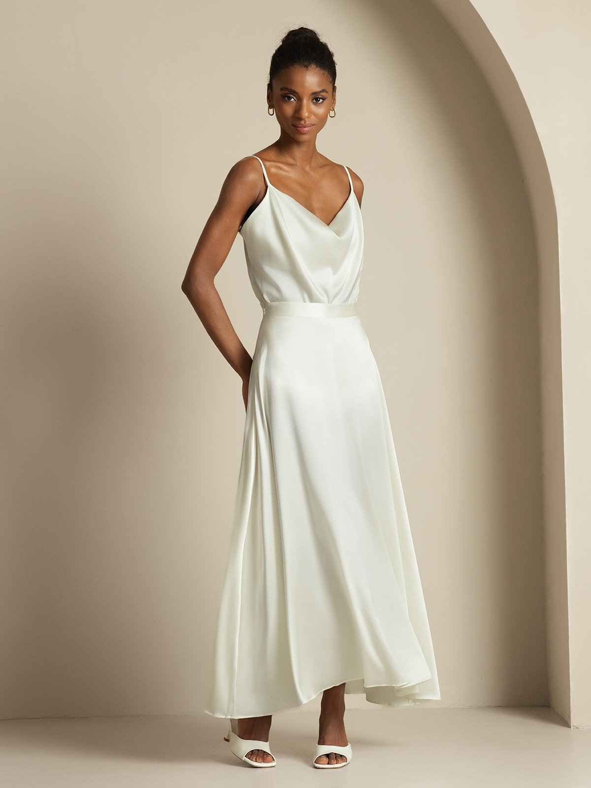 [Wit] SilkSilky-NL 19Momme Spaghetti Bandjes Waterval Hals Women''s Outfit Sets 005