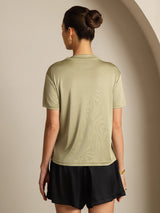 [Gedroogd Kruiden] SilkSilky-NL 100% Silk Jersey Short Sleeve Mock Neck Dames T-Shirt 002