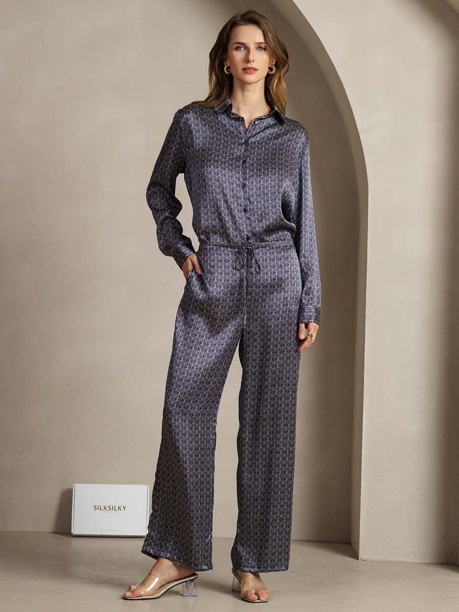 [MarineGinkgo] SilkSilky-NL 19Momme Zijde Kraag Women''s Outfit Sets 001