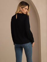 [Zwart] SilkSilky-NL Long Sleeve Keyhole Neck Blouse 002