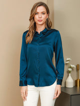 [Koningsblauw] SilkSilky-NL Long Sleeve Lapel Collar Dames Blouse 001