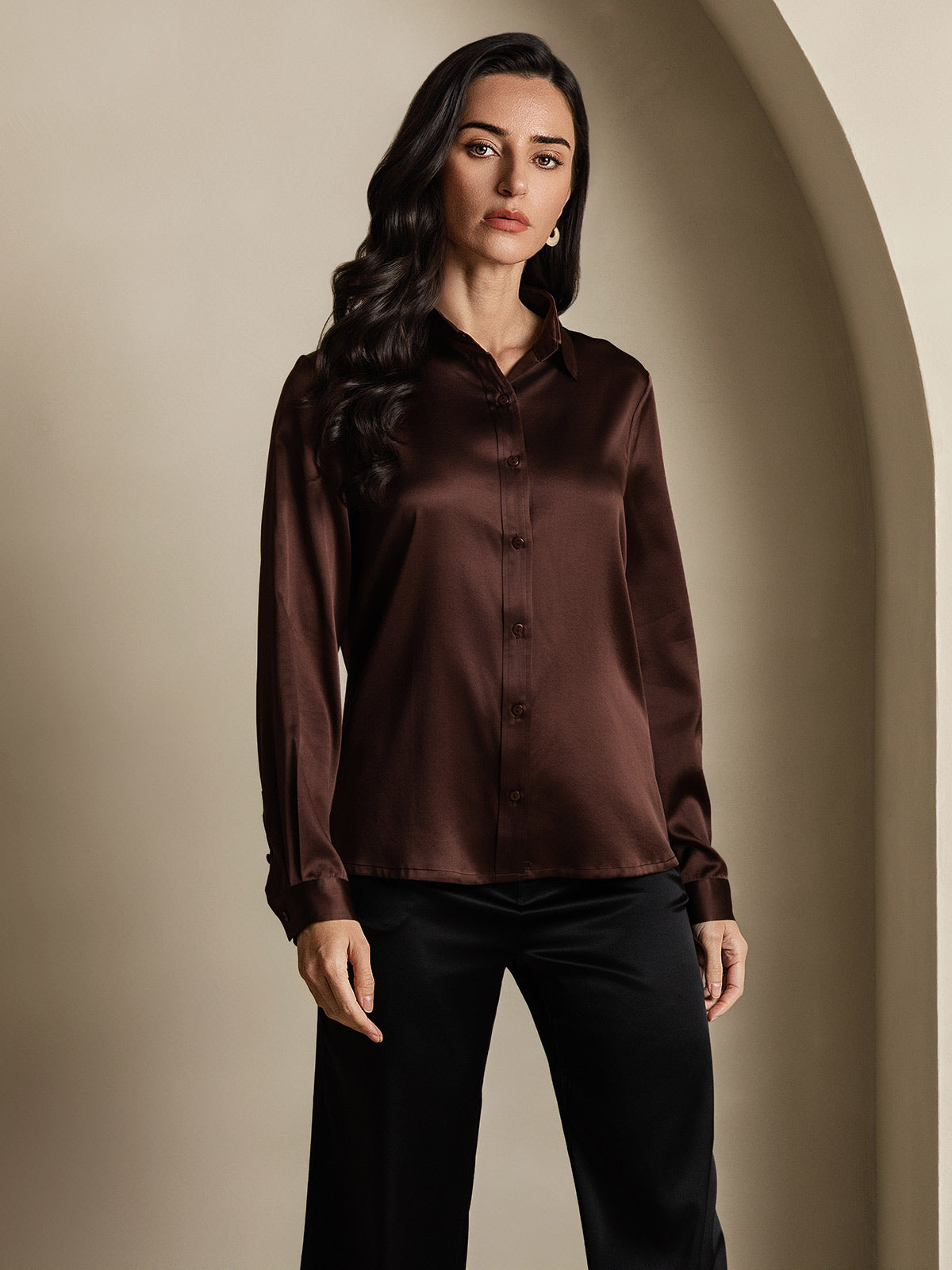 SilkSilky-NL 19Momme Zijde Lange Mouw Kraag Dames Blouse Koffie 001